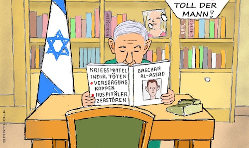 Cartoon: Bibi lernt von Assad (medium) by Barthold tagged israel,krieg,hamas,gazastreifen,verletzung,humanitäres,völkerrecht,mangelhafte,versorgung,medizinische,hilfe,menschenverachtend,bedrohung,hunger,tod,vergleich,baschar,al,assad,verdacht,genozid,cartoon,karikatur,barthold,israel,krieg,hamas,gazastreifen,verletzung,humanitäres,völkerrecht,mangelhafte,versorgung,medizinische,hilfe,menschenverachtend,bedrohung,hunger,tod,vergleich,baschar,al,assad,verdacht,genozid,cartoon,karikatur,barthold