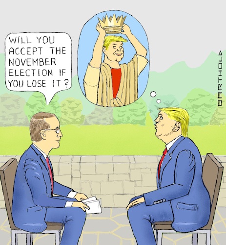 Cartoon: Decisive Question (medium) by Barthold tagged donald,trump,interview,fox,news,chris,wallace,july,2020,acceptance,loss,voter,preference,favor,victory,joe,biden,roman,emperor,selfcoronation,cartoon,caricature,barthold,donald,trump,interview,fox,news,chris,wallace,july,2020,acceptance,loss,voter,preference,favor,victory,joe,biden,roman,emperor,selfcoronation,cartoon,caricature,barthold