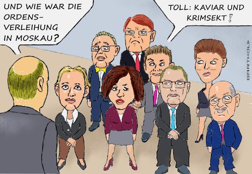 Cartoon: Deutschlands Russlandfreunde (medium) by Barthold tagged russischer,thinktank,europainstitut,der,russischen,akademie,wissenschaften,einordnung,deutsche,politiker,alice,weidel,walter,borjans,amira,mohamed,ali,ralf,stegner,rolf,mützenich,tino,chrupalla,sahra,wagenknecht,gregor,gysi,positiv,fiktion,ordensverleihung,moskau,cartoon,karikatur,barthold,russischer,thinktank,europainstitut,der,russischen,akademie,wissenschaften,einordnung,deutsche,politiker,alice,weidel,walter,borjans,amira,mohamed,ali,ralf,stegner,rolf,mützenich,tino,chrupalla,sahra,wagenknecht,gregor,gysi,positiv,fiktion,ordensverleihung,moskau,cartoon,karikatur,barthold