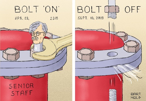 Cartoon: Dismissal of John Bolton (medium) by Barthold tagged john,bolton,assistant,national,security,affairs,dismissal,september,10,2019,senior,staff,pressure,tank,bolt,fracture,steam,jet