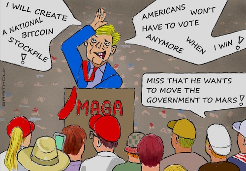 Cartoon: Donald Goes Nuts (medium) by Barthold tagged trump,campaign,event,audience,intention,national,crypto,bitcoin,stockpile,searching,financial,risk,abolishment,abolishing,elections,transition,dictatorship,cartoon,caricature,barthold,trump,campaign,event,audience,intention,national,bitcoin,stockpile,searching,financial,risk,abolishment,abolishing,elections,transition,dictatorship,cartoon,caricature,barthold