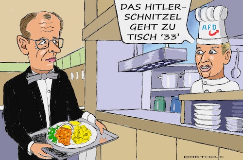 Cartoon: Koch und Kellner (medium) by Barthold tagged alice,weidel,angebot,friedrich,merz,zusammenarbeit,asylgesetzgebung,schärferes,migrationsgesetz,unionsbeschluss,brandmauer,wortbruch,restaurant,durchreiche,koch,kellner,redensart,cartoon,karikatur,barthold,alice,weidel,angebot,friedrich,merz,zusammenarbeit,asylgesetzgebung,schärferes,migrationsgesetz,unionsbeschluss,brandmauer,wortbruch,restaurant,durchreiche,koch,kellner,redensart,cartoon,karikatur,barthold