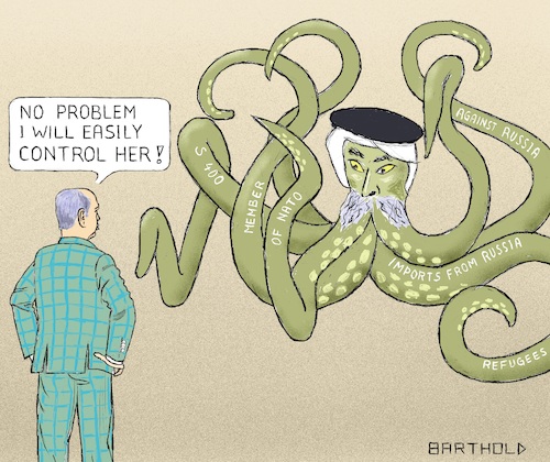 Cartoon: Master of the Syrian Kraken (medium) by Barthold tagged recep,tayyip,erdogan,syrian,kraken,complex,mixture,of,interests,idlib,engagement,conflict,russia,dependency,russian,natural,gas,nuclear,fuel,400,support,refugees,will,europe,open,border,problems,with,nato,european,union,caricature,barthold,recep,tayyip,erdogan,syrian,kraken,complex,mixture,of,interests,idlib,engagement,conflict,russia,dependency,russian,natural,gas,nuclear,fuel,400,support,refugees,will,europe,open,border,problems,with,nato,european,union,caricature,barthold