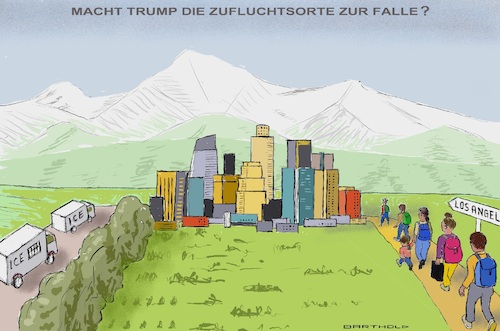 Cartoon: Methode Trump (medium) by Barthold tagged zufluchtsstädte,sanctuary,cities,los,angeles,zuflucht,migranten,trump,mobilisierung,bundesbehörde,ice,demonstrationen,widerstand,unruhen,nationalgarde,tross,skyline,cartoon,karikatur,barthold,zufluchtsstädte,sanctuary,cities,los,angeles,zuflucht,migranten,trump,mobilisierung,bundesbehörde,ice,demonstrationen,widerstand,unruhen,nationalgarde,tross,skyline,cartoon,karikatur,barthold