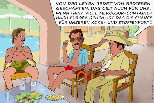 Cartoon: Narcos danken von der Leyen! (medium) by Barthold tagged einigung,abschluss,mercosur,freihandelsabkommen,eu,europa,gefahr,vermehrter,zufluss,drogen,kokain,heroin,synthetische,narcos,drogenbosse,drogenmafia,drogenhändler,cartoon,karikatur,barthold,einigung,abschluss,mercosur,freihandelsabkommen,eu,europa,gefahr,vermehrter,zufluss,drogen,kokain,heroin,synthetische,narcos,drogenbosse,drogenmafia,drogenhändler,cartoon,karikatur,barthold