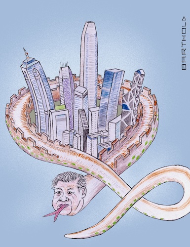 Cartoon: New Chinese Security Law (medium) by Barthold tagged hong,kong,xi,jinping,peoples,republic,china,security,law,june,2020,repression,intimidation,skyline,python,chinese,wall,cartoon,caricature,barthold,hong,kong,xi,jinping,peoples,republic,china,security,law,june,2020,repression,intimidation,skyline,python,chinese,wall,cartoon,caricature,barthold