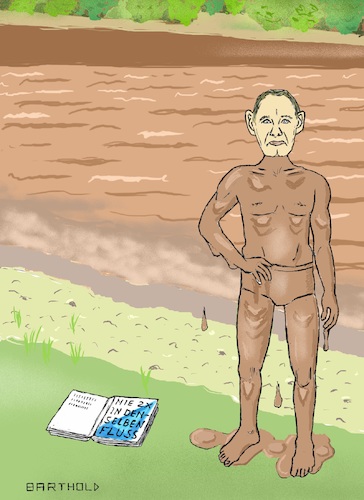 Cartoon: Nie zweimal in denselben Fluss (medium) by Barthold tagged björn,höcke,parteichef,afd,thüringen,flügel,zdf,interview,david,gebhard,berlin,direkt,wortwahl,demokratieverständnis,buch,nie,zweimal,in,denselben,fluss,schlammbad,badehose