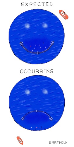 Cartoon: Ocean Cleanup - Sea Trial (medium) by Barthold tagged ocean,cleanup,plastic,debris,gyre,test,deployment,failure,great,pacific,garbage,patch,boyan,slat,smiley,sad,frowning,face,boom,barrier