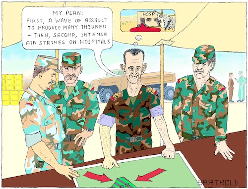 Cartoon: Planning the Capture of Idlib (medium) by Barthold tagged bashar,al,assad,dictator,despot,syria,officers,briefing,planning,capture,idlib,rgion,district,air,strikes,hospitals,ruthlessness,disregard,civil,victims,damages,tent,under,canvas,map,hayat,tahrir,sham