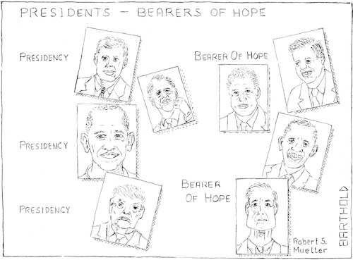 Cartoon: Presidents - Bearers of Hope (medium) by Barthold tagged president,bearer,hope,john,kennedy,bill,clinton,barak,obama,donald,trump,robert,mueller,special,counsel,russia,probe,paul,manafort,michael,flynn,rick,gates,george,papadopoulos,money,laundering,tax,evasion,historical,review,presidencies,collusion,usa