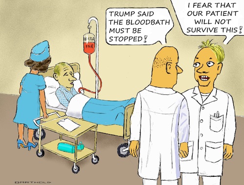 Cartoon: Russian Doctors in Trouble (medium) by Barthold tagged trump,goal,ceasefire,ukraine,announcement,phone,call,may,19,2025,putin,military,victory,territorial,gains,bedside,infusion,ukrainian,blood,doctor,doctors,dialog,conversation,cartoon,caricature,barthold,trump,goal,ceasefire,ukraine,announcement,phone,call,may,19,2025,putin,military,victory,territorial,gains,bedside,infusion,ukrainian,blood,doctor,doctors,dialog,conversation,cartoon,caricature,barthold