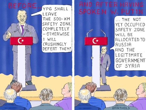 Cartoon: Sochi Putin smarter than Trump (medium) by Barthold tagged meeting,erdogan,putin,sochi,october,23,2019,distribution,power,detriment,kurds,future,rojava,endangered,north,syria,turkish,invasion,ceasefire,cease,fire