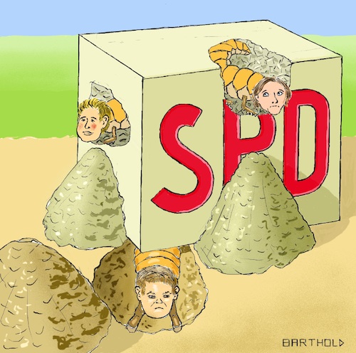 Cartoon: Steinlausattacke auf die SPD (medium) by Barthold tagged rücktritt,andrea,nahles,steinlaus,loriot,kevin,kühnert,simone,lange,florian,post,steinblock,spd,schuttberg,schuttkegel,abraum