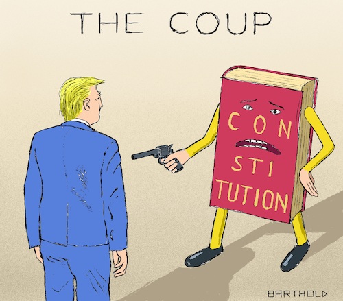 Cartoon: The Coup (medium) by Barthold tagged donald,trump,ukraine,affair,zelensky,joe,hunter,biden,allegation,collusion,conspiracy,abuse,power,coup,showdown,constitution,impeachment