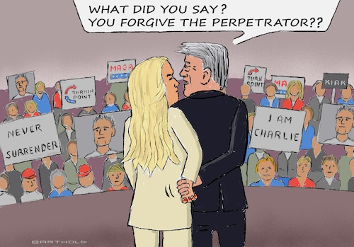 Cartoon: Top Polarizer Upset! (medium) by Barthold tagged memorial,funeral,charlie,kirk,pro,maga,influencer,victim,assassination,widow,erika,forgives,perpetrator,idol,jesus,christus,incomprehension,rejection,donald,trump,twists,arm,pinch,cartoon,caricature,barthold,memorial,funeral,charlie,kirk,pro,maga,influencer,victim,assassination,widow,erika,forgives,perpetrator,idol,jesus,christus,incomprehension,rejection,donald,trump,twists,arm,pinch,cartoon,caricature,barthold