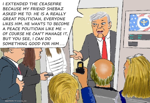 Cartoon: Trump Extends Cease-Fire (medium) by Barthold tagged usa,iran,war,2026,ceasefire,truce,mediation,pakistan,prime,minister,shebaz,sharif,fictitious,briefing,airforce,one,trumpstyle,address,speech,praise,of,others,selfpraise,simple,attributes,adjectives,cartoon,caricature,barthold,usa,iran,war,2026,ceasefire,truce,mediation,pakistan,prime,minister,shebaz,sharif,fictitious,briefing,airforce,one,trumpstyle,address,speech,praise,of,others,selfpraise,simple,attributes,adjectives,cartoon,caricature,barthold