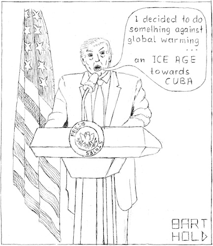 Cartoon: T.s Contrib. against Glo. Warmg. (medium) by Barthold tagged trump,press,conference,glabalwarming,global,warming,ovaloffice,oval,office,iceage,ice,age,cuba,climate,protection,agreement,paris