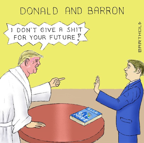 Cartoon: US Withdrawal f. Par. Cl. Treaty (medium) by Barthold tagged trump,donald,barron,global,klimate,report,un,paris,climate,treaty,agreement,withdrawal,formal,submission,white,bathrobe