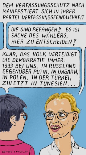 Cartoon: Wie wenn d. Fuchs d. Gänse hütet (medium) by Barthold tagged interview,zdf,sommerinterview,august,07,shakuntala,banerjee,alice,weidel,parteivorsitzende,afd,rechte,umtriebe,nazidenken,flügel,parteitag,riesa,verfassungsschutz,verdachtsfall,thomas,haldenwang,cartoon,karikatur,barthold,interview,zdf,sommerinterview,august,07,shakuntala,banerjee,alice,weidel,parteivorsitzende,afd,rechte,umtriebe,nazidenken,flügel,parteitag,riesa,verfassungsschutz,verdachtsfall,thomas,haldenwang,cartoon,karikatur,barthold