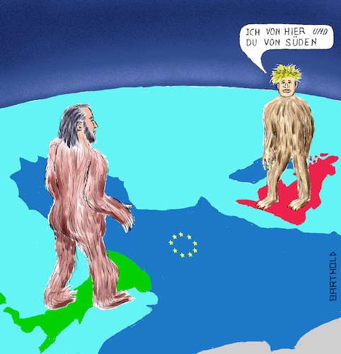 Cartoon: Yetis nehmen Europa in die Zange (medium) by Barthold tagged boris,johnson,matteo,salvini,yeti,populist,widersacher,europäischer,gedanke,eu,europäische,union,staatsverschuldung,defizitgrenze,europakarte,brexit,nachverhandlung