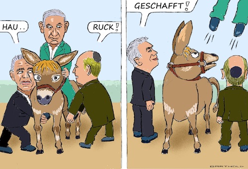 Cartoon: Zus.wirken Lapid u. Bennett (medium) by Barthold tagged israel,parlamentswahlen,oktober,2026,jair,lapid,naftali,bennett,schließen,vereinbaren,wahlbündnis,ziel,netanjahu,netanyahu,verhindern,redensart,aus,sattel,heben,bibi,reitet,esel,cartoon,karikatur,barthold,israel,parlamentswahlen,oktober,2026,jair,lapid,naftali,bennett,schließen,vereinbaren,wahlbündnis,ziel,netanjahu,netanyahu,verhindern,redensart,aus,sattel,heben,bibi,reitet,esel,cartoon,karikatur,barthold