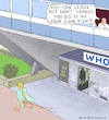 Cartoon: Patient USA Leaves the WHO (small) by Barthold tagged donald,trump,president,united,states,who,world,health,organization,headquarter,building,geneva,switzerland,terminating,termination,membership,withdrawal,may,29,2020,corona,crisis,pandemic,emergency,hospital,gown,infusion,tubes,doctor,main,entrance,caricature,barthold