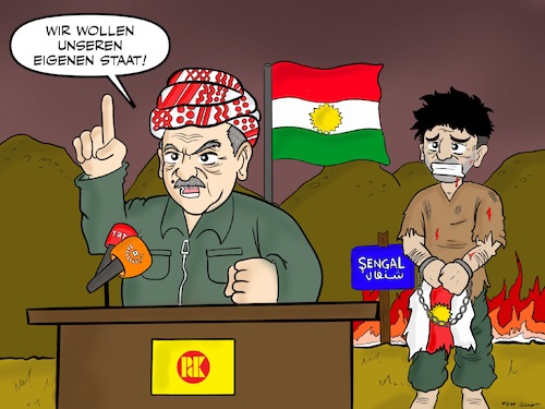 Cartoon: Barzani_vs_Eziden (medium) by Tacasso tagged barzani,kurden,kurdistan,kurdisch,basur,eziden,politik,nordirak,staat,shengal,sengal,shingal,rojava,peshmerger,pkk,guerilla