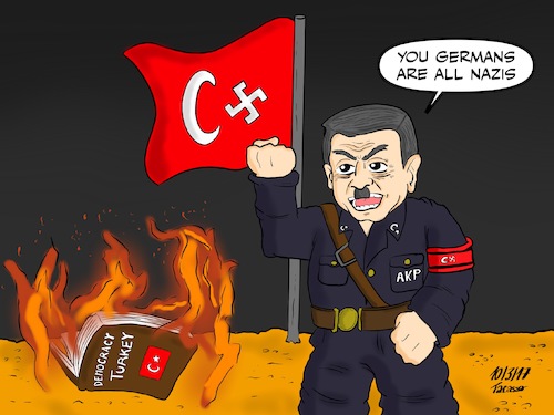 Cartoon: Erdogan_Nazi_Germany (medium) by Tacasso tagged erdogan,turkey,presidential,system,politics,government,turkish,türkiye,siyasi,siyaset,akp,nazi,democracy