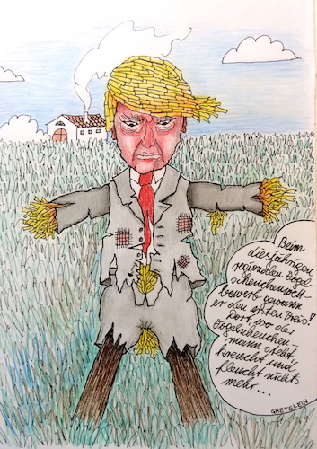 Cartoon: donald der vogelscheuchenmann .. (medium) by katzen-gretelein tagged vögel,donald,trump,feldbereiniger