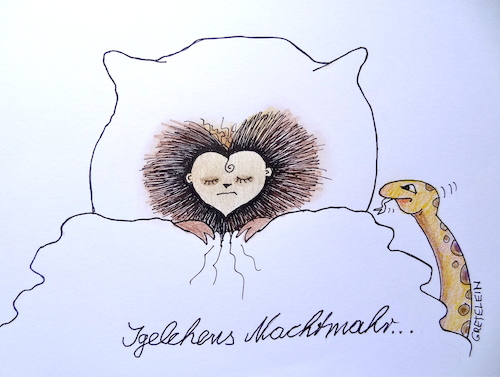 Cartoon: igelchens nachtmahr... (medium) by katzen-gretelein tagged igel,bett,träume,schlange,nachtmahr