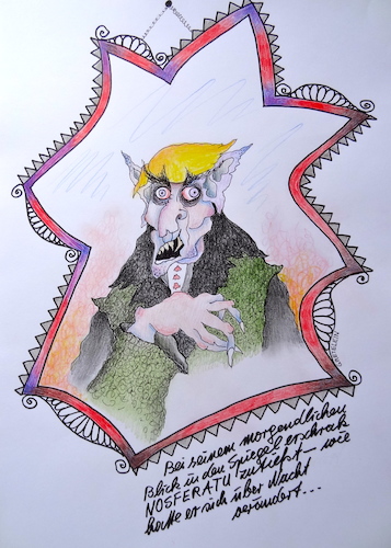 Cartoon: nosferatu erschrak ... (medium) by katzen-gretelein tagged ungeheuer,vampir,donald,trump,aussenpolitik,spiegel