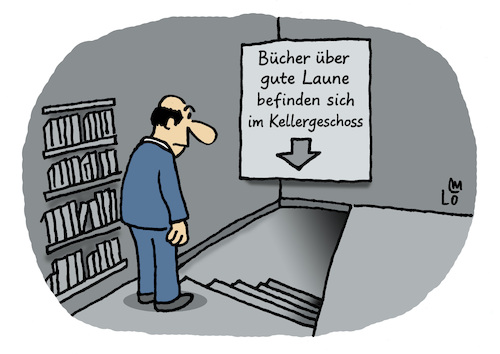 Cartoon: Gute-Laune-Bücher (medium) by Lo Graf von Blickensdorf tagged buchhandlung,literatur,buchmesse,mann,keller,deutscher,trockener,humor,kellertreppe,karikatur,lo,graf,cartoon,cartoonbücher,lachen,gute,laune,ironie,komik,parodie,witz,kalauer,gag,flachwitze,bilderwitze,fröhlich,buchverlag,buchhandlung,literatur,buchmesse,mann,keller,deutscher,trockener,humor,kellertreppe,karikatur,lo,graf,cartoon,cartoonbücher,lachen,gute,laune,ironie,komik,parodie,witz,kalauer,gag,flachwitze,bilderwitze,fröhlich,buchverlag