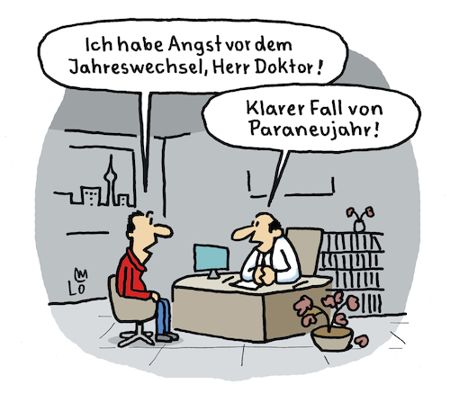 Cartoon: Jahreswechsel (medium) by Lo Graf von Blickensdorf tagged paraneujahr,wortspiel,paranoia,doktor,psychologe,angst,depression,karikatur,lo,graf,cartoon,jahreswechsel,ende,praxis,patient,arzt,angsterkrankung,jahresende,paraneujahr,wortspiel,paranoia,doktor,psychologe,angst,depression,karikatur,lo,graf,cartoon,jahreswechsel,ende,praxis,patient,arzt,angsterkrankung,jahresende