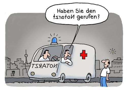 Cartoon: Notarzt 112 (medium) by Lo Graf von Blickensdorf tagged krankenwagen,notarzt,spiegelschrift,rotes,kreuz,mann,sanitäter,feuerwehr,notruf,karikatur,lo,graf,cartoon,notarzteinsatz,unfall,doktor,verletzte,notfall,krankenwagen,notarzt,spiegelschrift,rotes,kreuz,mann,sanitäter,feuerwehr,notruf,karikatur,lo,graf,cartoon,notarzteinsatz,unfall,doktor,verletzte,notfall