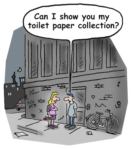 Cartoon: toilet paper (medium) by Lo Graf von Blickensdorf tagged date,toilet,paper,home,girlfriend,boyfriend,collection,night,speed,dating,love,covid19,pandemie,purchase,corona,date,toilet,paper,home,girlfriend,boyfriend,collection,night,speed,dating,love,covid19,pandemie,purchase,corona,sex