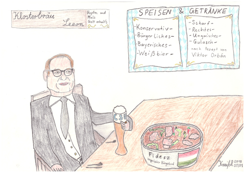 Cartoon: Mittagstisch auf Kloster Seeon (medium) by kneissar tagged politik,parteien,rechtspopulismus,deutschland,ungarn,csu,dobrindt,orban