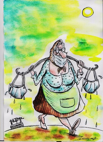 Cartoon: Galya carries water (medium) by vadim siminoga tagged covid,pensiocovid,pension,mask,distance,watern,water