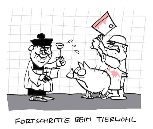 Cartoon: Ölung (medium) by Bregenwurst tagged tierwohl,fleisch,schwein,priester,ölung,salbung,schlachter,blut