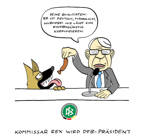 Cartoon: Präsident Rex (medium) by Bregenwurst tagged dfb,präsident,fußball,schäferhund,kommissar,rex,wurst