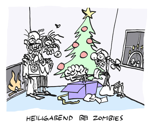 Cartoon: Zombienacht (medium) by Bregenwurst tagged weihnachten,heiligabend,zombie,gehirn,schenken,schwibbogen