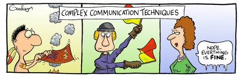 Cartoon: Communication Techniques (medium) by Goodwyn tagged smoke,signals,semaphore,flags,cold,people,person,woman,man,indian,gloves