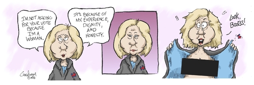 Cartoon: Hillary campaign strategy (medium) by Goodwyn tagged hillary,clinton,woman,politics,bernie,sanders