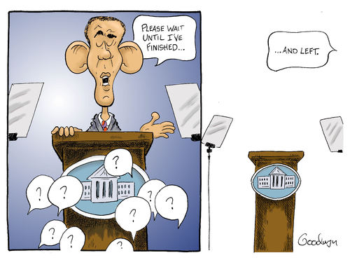 Cartoon: Questions? (medium) by Goodwyn tagged house,white,question,teleprompter,podium,obama