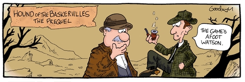 Cartoon: Sherlock Holmes (medium) by Goodwyn tagged literature,hat,shoe,poop,pipe,watson,holmes,sherlock,baskervilles