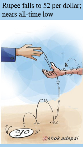 Cartoon: Rupee falls to 52 per dollar (medium) by ashokadepal tagged rupee,falls,to,52,per,dollar