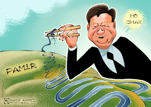 Cartoon: China and Pamir (medium) by Nasif Ahmed tagged xijingpin,pamir,kazakhstan,debt,money,economics,haritaze,occupancy,possession