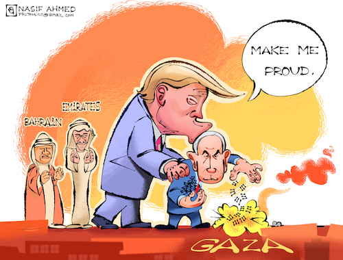 Cartoon: Make me proud (medium) by Nasif Ahmed tagged donaldtrump,benjaminnetanyahu,israel,unitedarabemirates,bahrain,abdullahbinzayed
