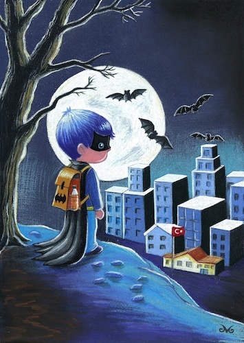 Cartoon: Batchildren (medium) by menekse cam tagged seferihisar,municipality,request,daylight,saving,time,unbearable,children,dark,every,morning,batman,batchildren,bat,yarasa,cocuk,karanlik,gece,ay,moon,night