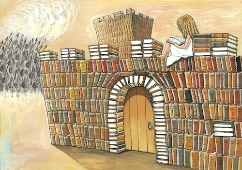 Cartoon: Books (medium) by menekse cam tagged book,read,reading,castle,girl,strong,enemy,kale,kitap,okuma,kizlar