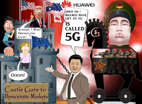 Cartoon: The 5G Horse (medium) by Dedoshucos tagged huawei,usa,china,trade,war,made,in,2025,belt,and,road,initiative,xi,jinping,donald,trump,intellectual,property,tariffs,wto,copyright,law,communism,democracy,5g,horse,trojan